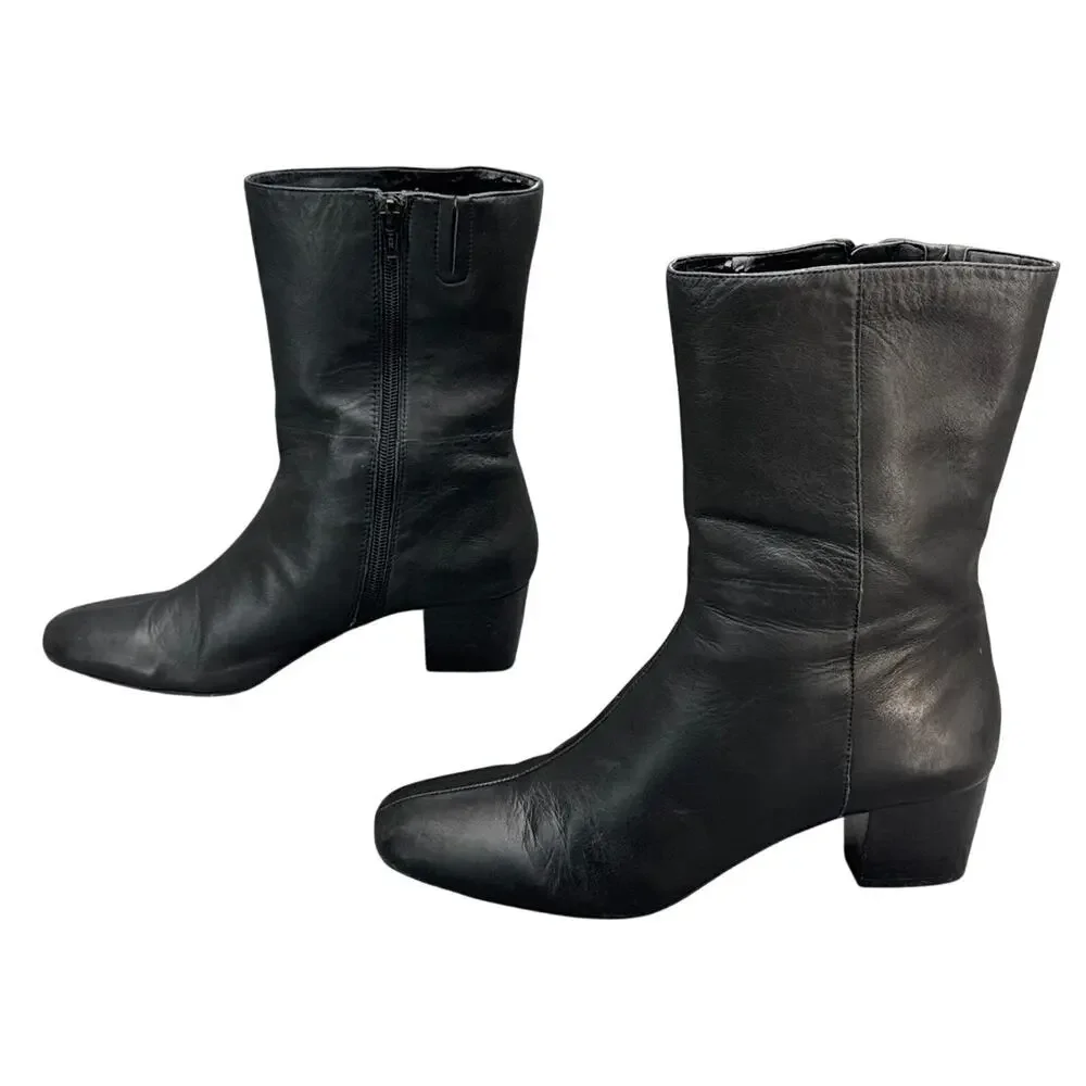 Antonio Melani Black Leather Block Heel Side Zip Ankle Boot Women 8